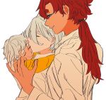 1other 2girls absurdres ambiguous_gender blue_eyes child collared_shirt dark-skinned_female dark_skin gundam gundam_suisei_no_majo hand_on_another&#039;s_head hand_on_another&#039;s_shoulder highres hug hug_from_behind if_they_mated ips_cells kiss kissing_forehead long_hair long_sleeves looking_at_another miorine_rembran mother_and_daughter multiple_girls parted_lips ponytail red_hair shirt simple_background smile snapagi suletta_mercury thick_eyebrows upper_body white_background white_hair white_shirt yuri 