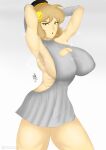  absurdres anis_(nikke) armpits breasts goddess_of_victory:_nikke highres large_breasts meme_attire original presenting_armpit rizkirafu self-upload sweat virgin_killer_sweater 
