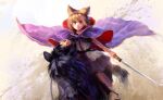  1girl black_horse blonde_hair bracelet cape closed_mouth commentary_request earmuffs highres holding holding_reins holding_sword holding_weapon horse horseback_riding jewelry pointy_hair purple_cape red_cape red_eyes reins riding saddle satellitedragon shoes short_hair smile solo sword touhou toyosatomimi_no_miko two-sided_cape two-sided_fabric weapon yellow_eyes 