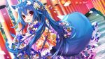  1girl :d animal_ear_fluff animal_ears blue_hair commentary_request day fang floral_print flower fox_ears fox_girl fox_tail hair_between_eyes hair_flower hair_ornament highres japanese_clothes kimono lantern long_hair long_sleeves looking_at_viewer looking_to_the_side multiple_torii original outdoors paper_lantern petals ponytail print_kimono purple_eyes purple_kimono saeki_touma sleeves_past_wrists smile solo tail torii very_long_hair white_flower wide_sleeves 