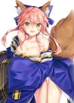  animal_ears cleavage fate/grand_order japanese_clothes kitsune no_bra open_shirt pantsu shimapan skirt_lift sog-igeobughae tail tamamo_no_mae 