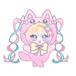  1girl :d animal_costume animal_hood blonde_hair blue_bow blue_eyes blue_hair bow cat_costume cat_hood chibi chouzetsusaikawa_tenshi-chan cosplay emoji full_body hair_bow hands_up heart hood hood_up long_hair looking_at_viewer mew_(mewrurirun) multicolored_hair needy_girl_overdose open_mouth pien_cat_(needy_girl_overdose) pien_cat_(needy_girl_overdose)_(cosplay) pink_bow pink_hair pleading_face_emoji purple_bow quad_tails simple_background smile solo very_long_hair white_background yellow_bow 