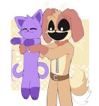 2024 anthro canid canine canis catnap_(poppy_playtime) cheesefries critters_(poppy_playtime) dogday_(poppy_playtime) domestic_cat domestic_dog duo felid feline felis fur hi_res holding_object jewelry male mammal open_mouth poppy_playtime purple_body smile smiling_critters tail