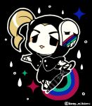  1girl black_background black_dress black_eyes blonde_hair capelet catch_the_rainbow chibi chibi_only closed_umbrella dress full_body holding holding_umbrella hood hood_up hooded_capelet jojo_no_kimyou_na_bouken kotorai no_nose open_mouth rainbow side_ponytail solo sparkle umbrella water_drop 