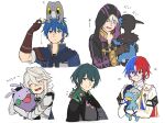  5boys alear_(fire_emblem) alear_(male)_(fire_emblem) black_hair blue_eyes blue_hair blush buttons byleth_(fire_emblem) byleth_(male)_(fire_emblem) cape character_request closed_eyes closed_mouth coat commentary_request corrin_(fire_emblem) corrin_(male)_(fire_emblem) fire_emblem fire_emblem:_mystery_of_the_emblem fire_emblem:_three_houses fire_emblem_awakening fire_emblem_engage fire_emblem_fates fire_emblem_heroes gloves gold_trim heterochromia highres holding hood hug kris_(fire_emblem) kris_(male)_(fire_emblem) long_sleeves multicolored_hair multiple_boys pokemon pokemon_(creature) red_eyes red_hair robin_(fire_emblem) robin_(male)_(fire_emblem) short_sleeves simple_background smile translation_request upper_body white_background white_hair zuzu_(ywpd8853) 