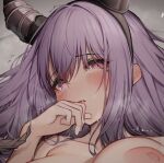  1girl arknights bed_sheet black_hairband blush breasts collarbone completely_nude hairband hand_on_own_face heavy_breathing highres horns implied_sex large_breasts long_hair lying motion_lines nipples nude on_back open_mouth purple_eyes purple_hair solo tab_head trembling typhon_(arknights) upper_body 