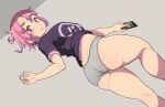 1girl absurdres ass ass_focus breasts cellphone feet_out_of_frame from_behind grey_panties highres koeru_otoge-san large_breasts looking_at_viewer looking_back lying neyuki_rei on_back otouge_azuki panties parted_lips phone pink_eyes pink_hair purple_shirt shirt short_hair smartphone solo thick_eyebrows thighs underwear 