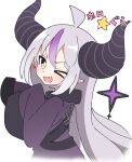  &gt;:) 1girl ;d ahoge black_horns commentary_request fang grey_hair hololive horns ixy la+_darknesss la+_darknesss_(1st_costume) long_hair looking_at_viewer multicolored_hair one_eye_closed open_mouth purple_hair simple_background sleeves_past_fingers sleeves_past_wrists smile solo streaked_hair striped_horns v-shaped_eyebrows virtual_youtuber white_background yellow_eyes 