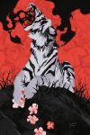  animal animal_focus artist_name claws commentary flower from_below full_body highres kamikiririp lying no_humans on_stomach open_mouth original red_background red_flower sharp_teeth signature smoke solo teeth tiger white_tiger 