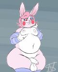 anthro balls belly belly_overhang clothing foreskin genitals gloves handwear lagomorph leggings legwear leporid male mammal may_(uassault) moob_squish moobs moobs_grab nightsome nipples overweight overweight_male penis rabbit saggy_balls sleeves solo tagme thick_thighs