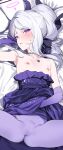  1girl 92m blush breasts brown_pantyhose clothes_pull dress dress_pull elbow_gloves gloves halo highres jewelry lying nipples on_back on_bed pantyhose pendant purple_dress purple_eyes purple_gloves small_breasts solo 