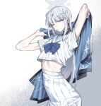  1girl bad_anatomy blue_archive blue_jacket closed_mouth dot_nose flower grey_background grey_eyes grey_hair grey_halo hair_flower hair_ornament halo highres jacket long_hair midriff nagusa_(blue_archive) one_eye_closed school_uniform serafuku sidelocks skirt solo standing stretching two-tone_background urec white_background white_flower white_serafuku white_skirt 