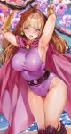  1girl armpits arms_up blunt_bangs blurry blurry_background blush breasts brown_hair cape commentary_request commission covered_navel earrings flower highleg highleg_swimsuit highres jewelry large_breasts long_hair looking_at_viewer ocean one-piece_swimsuit open_mouth original outdoors pink_cape pixiv_commission purple_one-piece_swimsuit solo standing swimsuit teeth thighs toyoman upper_teeth_only water 
