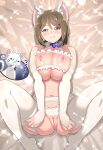  1girl animal_ears bed_sheet blush bow_choker bra breasts breasts_squeezed_together bridal_gauntlets brown_hair cat cat_ear_panties cat_ears cat_tail censored choker cleavage crotchless crotchless_panties cupless_bra earrings elbow_gloves fake_animal_ears fingerless_gloves frilled_bra frills garter_belt garter_straps gloves highres huge_breasts jewelry kohsaka_jun lingerie looking_at_viewer lying navel nekoyashiki_sumire nekoyashiki_yuki nekoyashiki_yuki_(cat) nipples nose_blush on_back on_bed panties pink_lips precure purple_eyes pussy pussy_juice short_hair smile solo sparkle spread_legs tail thighhighs uncensored underboob underwear underwear_only white_bra white_gloves white_panties white_thighhighs wonderful_precure! 