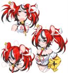  1girl absurdres animal_ears bare_shoulders black_hair cheese closed_mouth collar collarbone cropped_torso detached_sleeves food grin gummy_candy_93 hakos_baelz highres hololive hololive_english key long_hair long_sleeves mouse_ears multiple_views navel red_hair shirt smile spiked_collar spikes teeth twintails white_hair white_shirt 