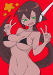  1girl absurdres aile_(mega_man_zx) animal_ears bell bikini black_bikini blush bottomless breasts brown_hair buzzlyears collarbone double_v fang green_eyes highres large_breasts long_hair mega_man_(series) mega_man_zx mega_man_zx_advent navel neck_bell nervous ponytail red_background revealing_clothes robot_ears simple_background skin_fang smug solo star_(symbol) swimsuit v 