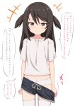  +++ 1girl black_hair black_shorts bow bow_panties brown_eyes closed_mouth clothes_pull collarbone commentary_request long_hair looking_at_viewer notice_lines original panties pulled_by_self shirt short_sleeves shorts shorts_pull simple_background smile solo standing takasuma_hiro thighhighs translation_request two_side_up underwear white_background white_panties white_shirt white_thighhighs 