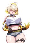  1girl :3 ahoge ass_visible_through_thighs belly_grab black_sports_bra blonde_hair blush breasts clothing_cutout colored_inner_hair crop_top crop_top_overhang cropped_sweater curvy elegg_(nikke) exposed_pocket gloves goddess_of_victory:_nikke grey_shorts hair_intakes hair_over_eyes huge_breasts large_breasts long_bangs long_sleeves medium_hair micro_shorts midriff multicolored_clothes multicolored_gloves multicolored_hair navel open_mouth plump shigatsu_shizuki shorts shoulder_cutout simple_background smile solo sports_bra suspender_shorts suspenders thigh_gap thigh_strap thighs two-tone_hair white_background 