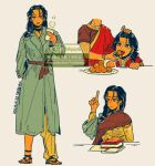  2girls aged_down artist_name asymmetrical_clothes black_hair blue_coat book closed_mouth coat cup dark-skinned_female dark_skin dated feeding food full_body hair_over_shoulder hand_up holding holding_cup holding_food index_finger_raised indian_clothes kaalaa_baunaa long_hair looking_at_viewer multiple_girls multiple_views open_mouth pants parted_lips purple_eyes reverse:1999 sakita_pani sari signature single_pantsleg standing upper_body white_background yoga_pants 