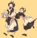  3girls :d :o animal_ear_fluff animal_ears apron aqua_eyes back_bow black_dress black_footwear black_hair bow brown_footwear brown_hair cat_ears cat_girl cat_tail closed_eyes commentary dress facing_viewer fangs frilled_apron frills from_side full_body grey_hair hands_on_another&#039;s_back hands_on_another&#039;s_shoulders highres juliet_sleeves kashima_kino kneehighs leaning_forward leg_up loafers long_sleeves looking_at_another maid maid_apron multiple_girls open_mouth original outstretched_arms own_hands_together puffy_sleeves pushing seiza shoes short_bangs short_hair simple_background sitting sitting_on_person slit_pupils smile socks tail v_arms white_apron white_socks yellow_background yellow_eyes 