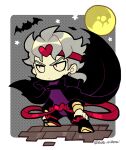  1boy bat_(animal) black_cape black_footwear border cape chibi chibi_only closed_mouth dio_brando earrings full_body full_moon gold_bracelet headband heart jewelry jojo_no_kimyou_na_bouken kotorai male_focus moon no_nose purple_shirt red_eyes red_headband shirt solo star_(symbol) twitter_username v-shaped_eyebrows white_border 