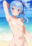  1girl arm_behind_head armpits beach bikini black_ribbon blue_sky blurry blurry_background blush breasts closed_mouth cloud collarbone covered_nipples day hair_ribbon highres hololive hoshimachi_suisei kazuma_(kazumav) looking_at_viewer medium_breasts navel ocean outdoors ribbon side_ponytail sky smile solo striped_ribbon swimsuit virtual_youtuber wet white_bikini 