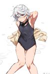  1girl absurdres alternate_costume armpits bare_legs bare_shoulders black_one-piece_swimsuit dated eye_mask feet_out_of_frame grey_hair hair_between_eyes highres one-piece_swimsuit red_eyes short_hair shy_(character) shy_(series) simple_background sitting solo swimsuit takatisakana wet 