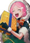  1girl :d absurdres bleach bow christmas_present closed_eyes gift gloves happy hat highres holding holding_gift jou_(jo_jjo) kusajishi_yachiru open_mouth pink_hair santa_hat simple_background smile solo white_background 