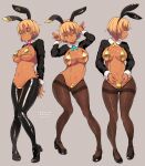  1girl absurdres animal_ears bikini black_footwear blonde_hair breasts breasts_apart grey_background highres large_breasts latex latex_legwear long_sleeves lowleg lowleg_pants lowleg_pantyhose meme_attire micro_bikini multiple_views navel neyuki_rei original pants pantyhose profile rabbit_ears revealing_clothes reverse_bunnysuit reverse_outfit shoes shrug_(clothing) sideways_mouth simple_background swimsuit tan yellow_bikini yellow_eyes yellow_slingshot_swimsuit 