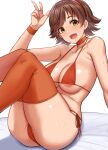  1girl areola_slip ass bikini breasts brown_hair choker collarbone commentary_request feet_out_of_frame hairband highres honda_mio idolmaster idolmaster_cinderella_girls knees_up large_areolae large_breasts legs looking_at_viewer orange_bikini orange_choker orange_thighhighs red_hairband short_hair side-tie_bikini_bottom simple_background sitting solo sweat swimsuit thighhighs tomajiyama white_background yellow_eyes 