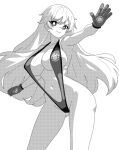  1girl alternate_costume breasts bright_pupils closed_mouth commentary_request contrapposto cowboy_shot gloves greyscale hijiri_byakuren large_breasts long_hair looking_at_viewer monochrome navel onkn_sxkn simple_background slingshot_swimsuit smile solo swimsuit touhou 