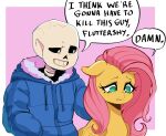 1boy 1girl blue_jacket border colored_skin english_commentary english_text fluttershy hood horse_girl i_think_we&#039;re_gonna_have_to_kill_this_guy_steven_(meme) jacket meme my_little_pony my_little_pony:_friendship_is_magic nubi_mei pink_background pink_hair sad sans skeleton undertale white_border yellow_fur yellow_skin 