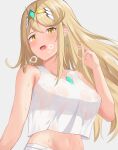  1girl absurdres blonde_hair blush breasts breath covered_nipples crop_top highres large_breasts long_hair midriff mythra_(xenoblade) open_mouth shiratamaaji shirt simple_background sleeveless sleeveless_shirt solo sweat sweaty_clothes tiara turning_head upper_body white_background xenoblade_chronicles_(series) xenoblade_chronicles_2 yellow_eyes 