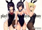  3girls absurdres animal_ears aoyama_sumika armpits arms_behind_head arms_up black_leotard blonde_hair blue_eyes breasts brown_eyes cleavage coffee-kizoku collarbone detached_collar fake_animal_ears fake_tail fishnet_pantyhose fishnets hair_ornament highleg highleg_leotard highres holding leotard long_hair looking_at_viewer medium_breasts mele_retanagua multiple_girls open_clothes open_shirt original panties pantyhose rabbit_ears rabbit_tail scan shiramine_rika shirt short_hair sideboob strapless strapless_leotard tail thighhighs tray underwear white_shirt wrist_cuffs 