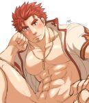  1boy abs bad_id bad_twitter_id bara bare_pectorals blush bottomless cowboy_shot facial_hair fafnir_(f-kare) goatee_stubble knee_up looking_at_viewer male_focus muscular muscular_male navel no_nipples pectorals red_eyes red_hair short_hair shoukan_yuusha_to_f-kei_kareshi solo stomach stubble sunfight0201 thick_eyebrows thick_thighs thighs unfinished 
