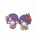  2girls black_hair blunt_bangs brown_eyes chibi closed_mouth genshin_impact hair_ornament highres japanese_clothes kujou_sara looking_at_viewer mask mask_on_head mole mole_under_eye multiple_girls purple_eyes purple_hair raiden_shogun short_hair simple_background standing swept_bangs white_background yuita-kun yuri 