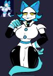 :3 anthro bell bell_collar big_breasts black_body blep blue_background blue_collar blue_hair blue_tongue breasts clothed clothing collar curvy_figure darkner deltarune digital_media_(artwork) dress empty_eyes eyelashes felid feline female front_view gloves hair half-closed_eyes handwear hi_res hourglass_figure machine mammal narrowed_eyes nexart portrait reference_image robot simple_background small_waist solo standing tail tasque_manager thick_thighs three-quarter_portrait tongue tongue_out undertale_(series) white_clothing white_dress white_gloves white_handwear yellow_eyes
