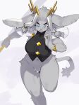 2024 5_fingers anthro armband big_breasts biped blue_eyes bottomless breasts clothed clothing crotch_tuft female fingers fur grey_body grey_fur hi_res holding_object kame_3 long_ears looking_at_viewer mammal navel on_one_leg partially_clothed pseudoregalia simple_background solo standing sybil_(pseudoregalia) tail topwear topwear_only tuft white_background