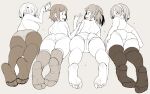  4girls ass ass_focus back barefoot breasts cellphone feet foot_focus grey_background greyscale hairband highres holding holding_phone lineart looking_at_another lying monochrome multiple_girls neyuki_rei on_stomach open_mouth original panties pantyhose phone short_hair simple_background small_breasts smartphone thighhighs topless twintails underwear underwear_only 