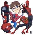  1boy animification blue_eyes bodysuit brown_hair full_body highres hood hooded_bodysuit insignia looking_at_viewer male_focus marvel onesie peter_parker phfreitas_art skin_tight spider-man spider-man_(series) spider_web_print superhero_costume symbiote two-tone_bodysuit 