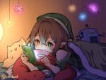  animal-shaped_pillow blanket brown_hair cellphone green_blanket green_headwear green_nightgown hat highres hojo_studio holding holding_phone monochrome nightgown phone pointy_ears rie_ccat sim_chan smartphone smile toy_robot under_covers virtual_youtuber 