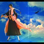  absurdres adjusting_belt belt bird black_hakama black_kimono bleach blue_sky blunt_bangs cloud day floating hair_ornament hakama hakama_skirt highres japanese_clothes jou_(jo_jjo) kimono short_hair skirt sky sleeveless_haori socks sui-feng white_haori white_socks yellow_belt 