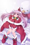  1girl atelier-moo bell boots closed_mouth from_above hair_between_eyes long_hair long_sleeves looking_up original pink_eyes pink_hair santa_costume sitting sleeves_past_wrists smile snow snowing snowman solo stairs thighs twintails 