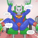 abs angry anthro bound bulge canid canine canis cloak clothing cuff_(restraint) hero hi_res kemothy male mammal muscular presenting restraints shackles silverwolf_(kemothy) solo wolf