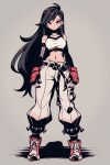  abs ai-generated alternate_costume baggy_pants belt black_hair dizzy_pixie earrings elbow_gloves final_fantasy final_fantasy_vii fingerless_gloves fishnets frown gloves highres jewelry long_hair looking_at_viewer midriff pants red_eyes red_gloves shoes sneakers tifa_lockhart 