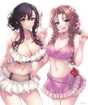  2girls aerith_gainsborough bare_arms bare_shoulders bikini braid braided_ponytail breasts brown_eyes cleavage closed_mouth cowboy_shot curly_hair final_fantasy final_fantasy_vii final_fantasy_vii_rebirth final_fantasy_vii_remake flower frilled_bikini frills green_eyes hair_between_eyes hair_flower hair_ornament hand_on_own_hip highres large_breasts light_blush looking_at_viewer medium_breasts midriff multiple_girls navel official_alternate_costume open_mouth parted_bangs pink_bikini pink_flower pink_skirt sidelocks signature single_braid skirt smile swimsuit tifa_lockhart updo w_arms white_background white_bikini white_flower white_skirt yano_takumi 