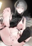  1girl absurdres animal_ears aos barefoot black_nails black_thighhighs breasts feet feet_up foot_focus full_body grey_eyes grey_hair highres indie_virtual_youtuber kanaut_nishe large_breasts looking_at_viewer navel nipples no_shoes one_breast_out open_mouth partially_visible_vulva short_hair single_thighhigh soles solo thighhighs toes virtual_youtuber 
