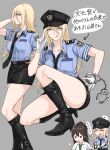  2girls arrest black_footwear black_necktie black_skirt blonde_hair blue_shirt boots brown_hair chibi fuku_(fuku12290574) green_necktie highres long_hair multiple_girls multiple_views necktie original panties pencil_skirt police police_uniform policewoman school_uniform shirt skirt thighs translation_request underwear uniform very_long_hair white_panties white_shirt yellow_eyes 