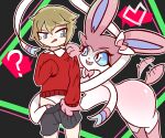 bodily_fluids duo eeveelution fangs female feral generation_6_pokemon heart_symbol human male male/female mammal nintendo pokemon pokemon_(species) question_mark ram_g_thunder ribbons speech_bubble sylveon tail tail_motion tailwag tears teeth