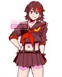  1girl artist_name black_eyes black_hair black_sailor_collar black_serafuku black_skirt cowboy_shot gloves hand_on_own_hip kill_la_kill light_smile looking_at_viewer matoi_ryuuko midriff miniskirt multicolored_hair navel neckerchief pleated_skirt red_gloves red_hair red_neckerchief sailor_collar sakita_pani school_uniform serafuku short_hair signature single_glove skirt sleeves_pushed_up solo streaked_hair suspenders v-shaped_eyebrows watermark white_background 